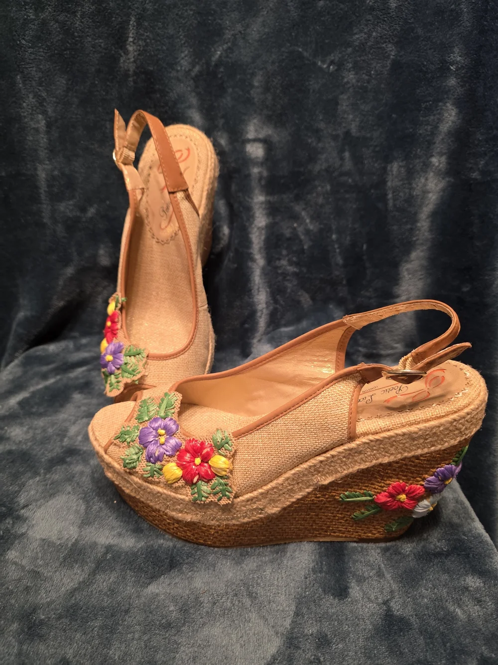 Poetic License Tan Espadrille Wedges with Red Purple Yellow Floral Embroidery